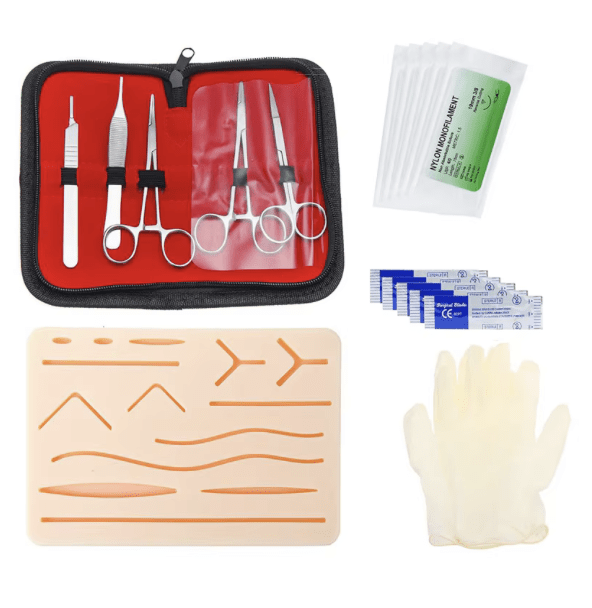 Kit de suturi cu instrumente chirurgicale si pad de silicon ce imită pielea